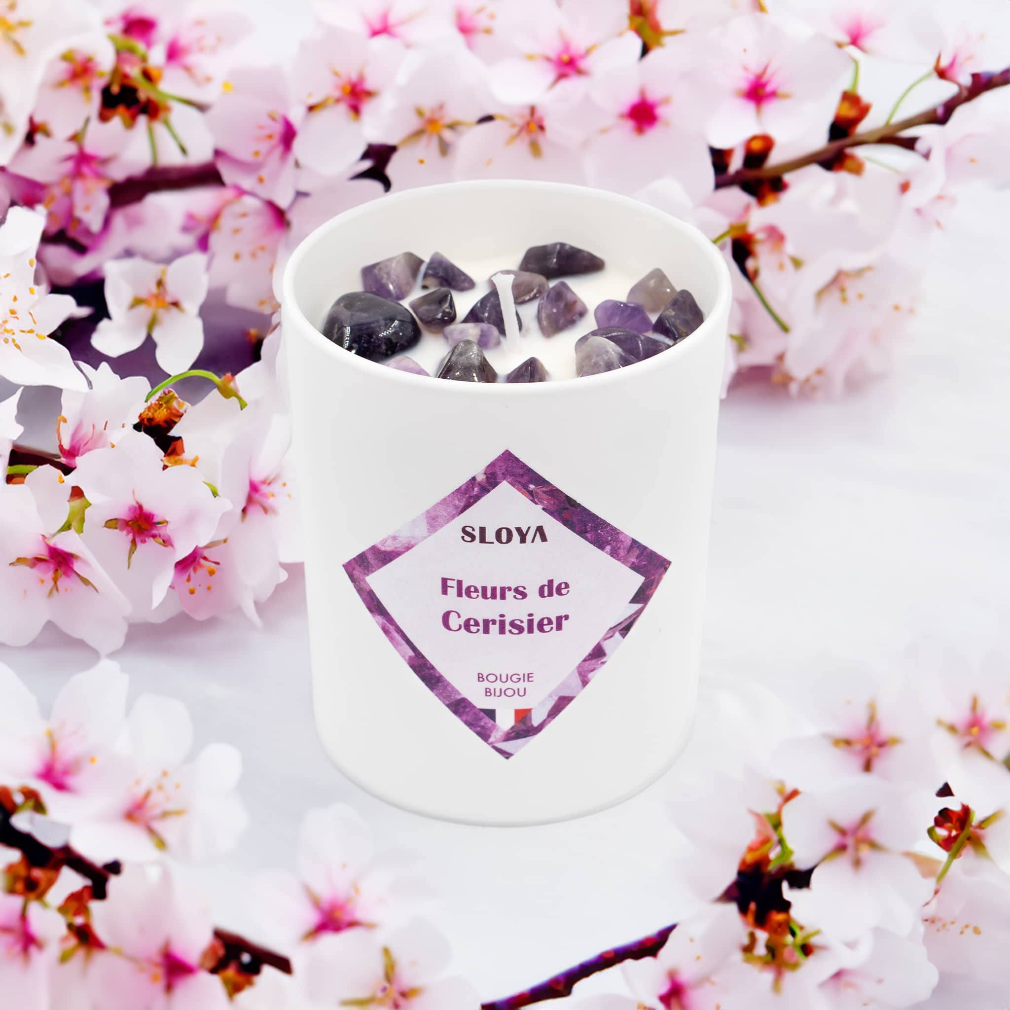 Bougie bijou pierres Améthyste - parfum Fleur de Cerisier - SLOYA